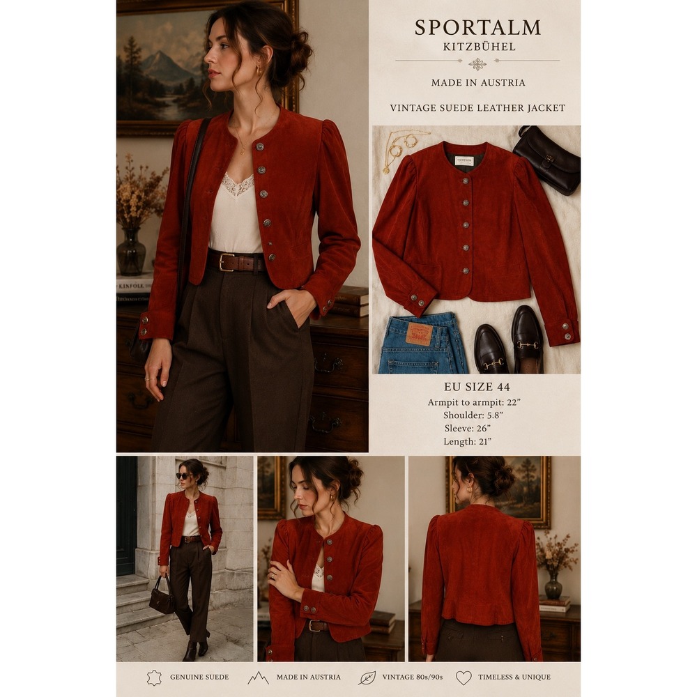 90s Suede Leather Jacket Rust Red Cropped Boho Indie Old Money EU 44 US S